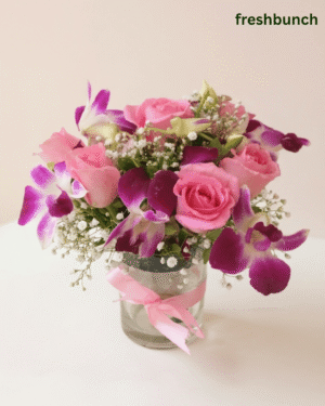 Royal Purple Orchid & Pink Rose Glass Vase