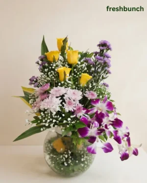 Exotic Purple Orchids & Yellow Rose Glass Vase Arrangement