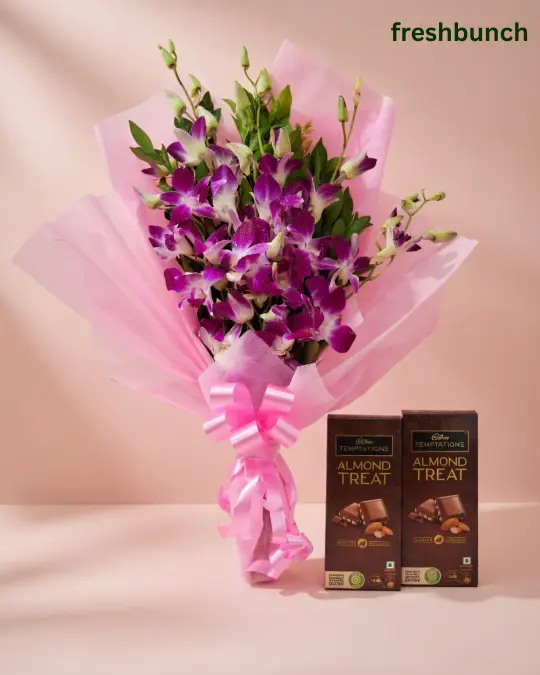 Exotic Purple Orchids Bouquet & Cadbury Temptations Combo