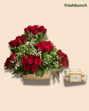 Red Roses Wooden Box with Ferrero Rocher