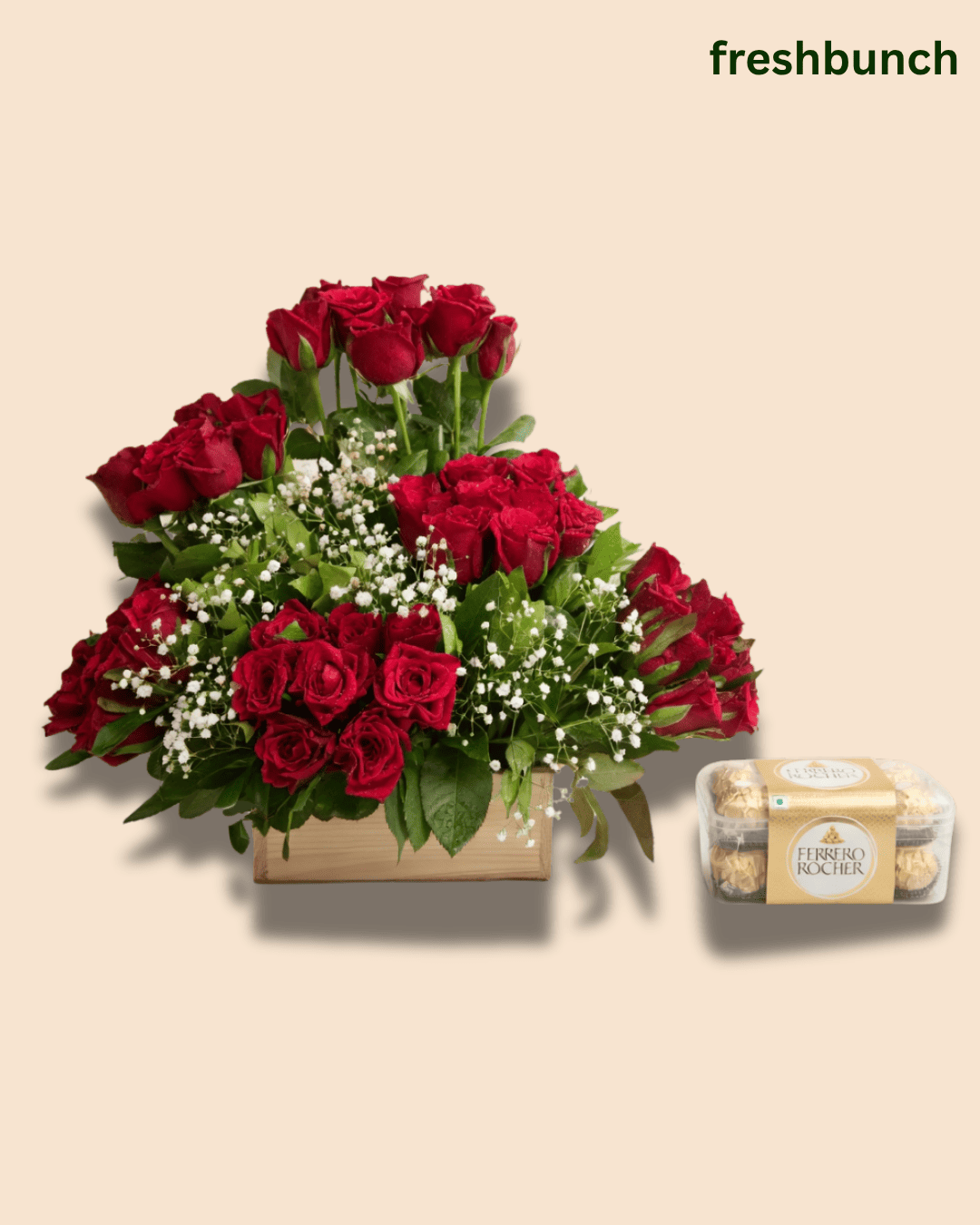Red Roses Wooden Box with Ferrero Rocher