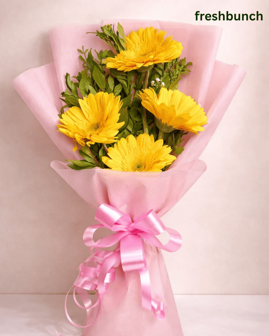 Sunshine Yellow Gerbera Bouquet with Pink Ribbon