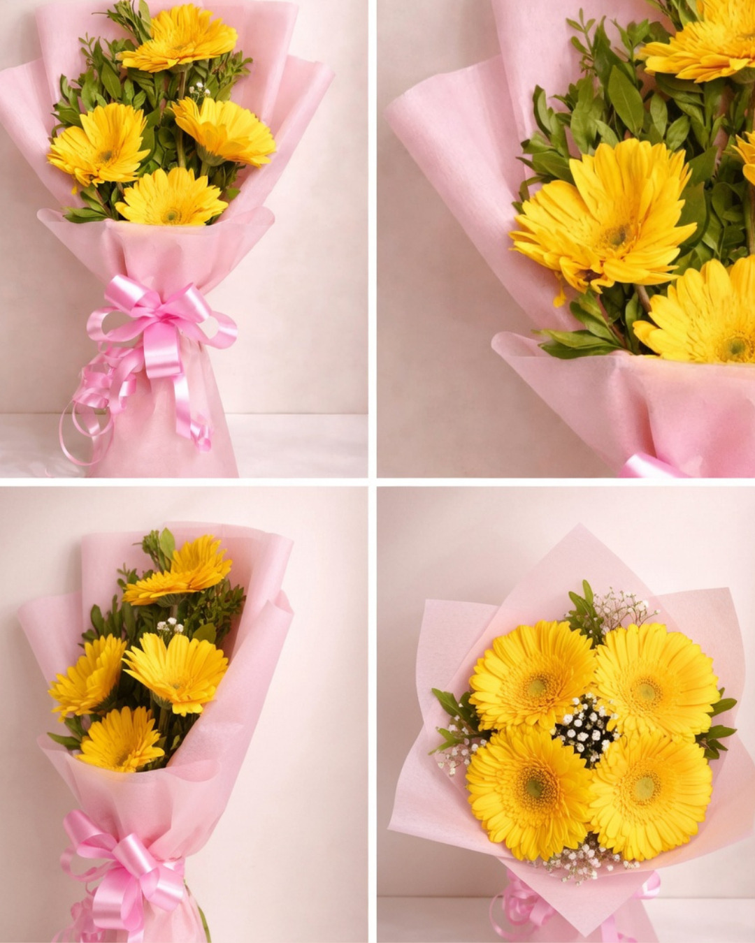 Sunshine Yellow Gerbera Bouquet with Pink Ribbon
