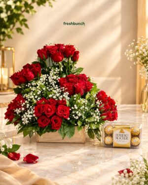 Red Roses Wooden Box with Ferrero Rocher