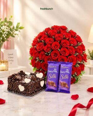 FreshBunch Grand Luxury Red Roses Dome Arrangement, Chocolate Cake (Half Kg) & Dairy Milk Silk Combo