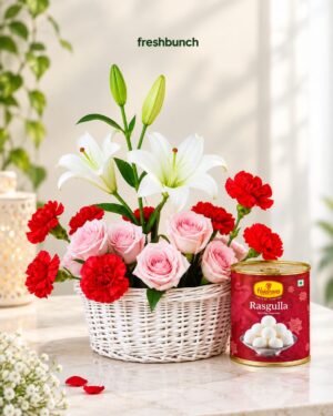 Buy 3 Variety of flowers Roses, Lily and Carnations Flower Bouquet with Rasgulla Online | FreshBunch