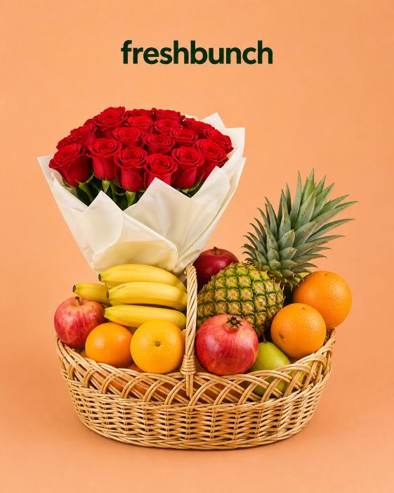 FreshBunch Royal Red Roses Bouquet & Fresh Fruits Basket Celebration Hamper