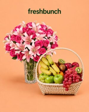 FreshBunch Luxury Pink Roses & Lilies Crystal Vase Arrangement with Premium Fresh Fruits Basket Combo