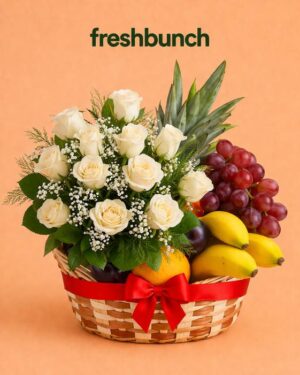 FreshBunch Elegant White Roses & Fresh Fruits Harmony Basket Hamper
