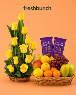 FreshBunch Sunshine Yellow Roses Basket, Premium Fresh Fruits & Cadbury Dairy Milk Silk Combo Hamper