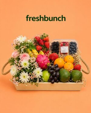 FreshBunch Imperial Exotic Fruits & Berries Luxury Wooden Tray Hamper with Floral Arrangement