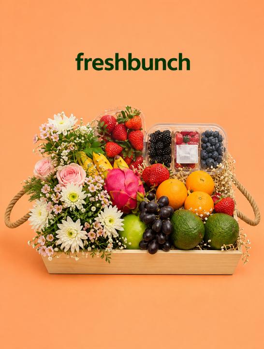 FreshBunch Imperial Exotic Fruits & Berries Luxury Wooden Tray Hamper with Floral Arrangement
