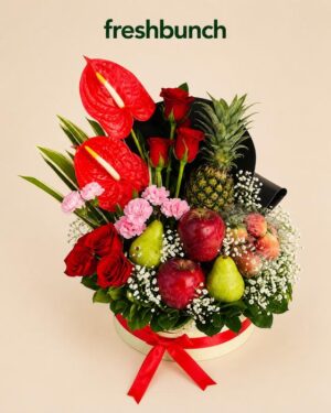 FreshBunch Imperial Red Anthuriums, Roses & Premium Fruits Luxury Round Box Hamper