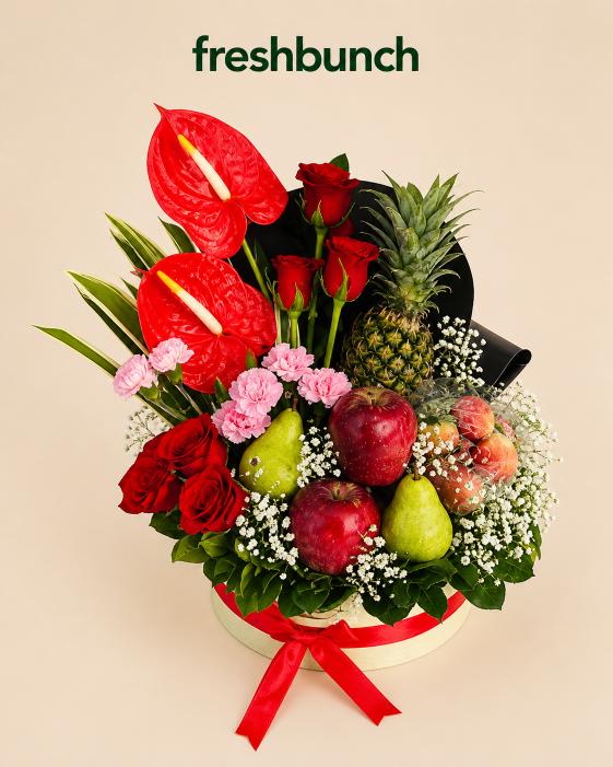 FreshBunch Imperial Red Anthuriums, Roses & Premium Fruits Luxury Round Box Hamper