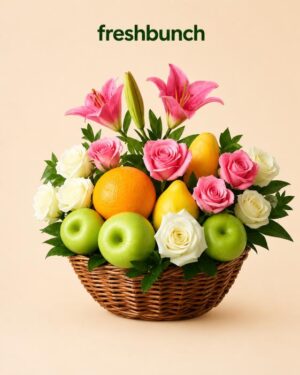 FreshBunch Pastel Pink Lilies, Roses & Orchard Fruits Celebration Basket Hamper