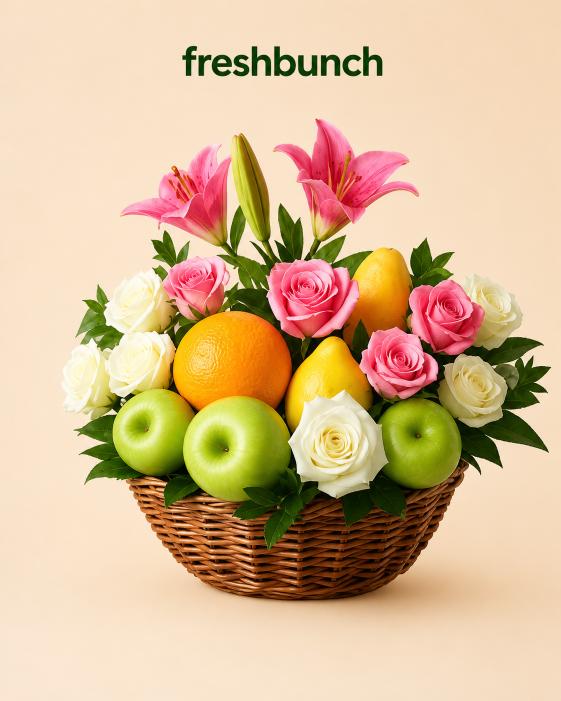 FreshBunch Pastel Pink Lilies, Roses & Orchard Fruits Celebration Basket Hamper