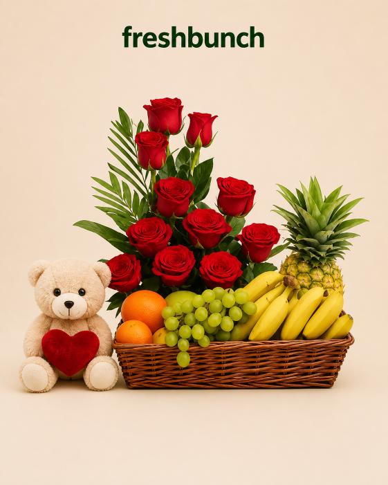 FreshBunch Romantic Red Roses & Premium Fresh Fruits Basket with Love Teddy Bear Combo Hamper