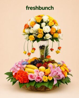 FreshBunch Imperial 2-Tier Floral Tower & Exotic Fruit Luxury Exhibition Basket Hamper