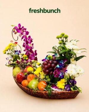FreshBunch Imperial Boat-Shaped Purple Orchids, White Chrysanthemums & Premium Fruits Luxury Hamper