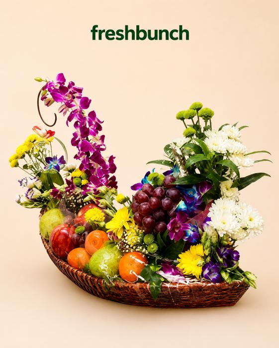 FreshBunch Imperial Boat-Shaped Purple Orchids, White Chrysanthemums & Premium Fruits Luxury Hamper