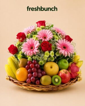 FreshBunch Radiant Pink Gerberas, Red Roses & Exotic Fruits Luxury Platter Basket