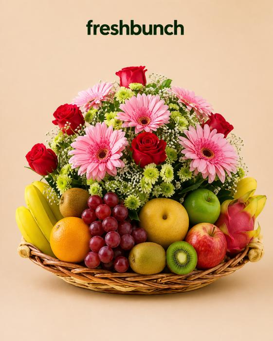 FreshBunch Radiant Pink Gerberas, Red Roses & Exotic Fruits Luxury Platter Basket