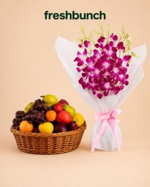 FreshBunch Royal Purple Orchids Standing Bouquet & Rich Fresh Fruits Basket Combo Hamper