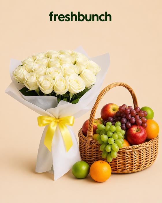 FreshBunch Elegant White Roses Bouquet & Handled Fresh Fruits Basket Luxury Combo