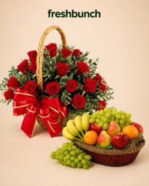 FreshBunch Grand Red Roses Handled Basket & Deluxe Fresh Fruits Tray Combo Hamper