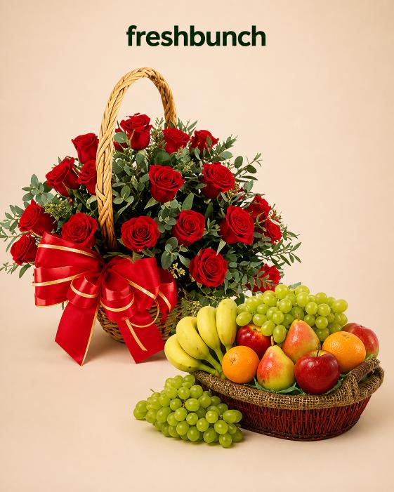 FreshBunch Grand Red Roses Handled Basket & Deluxe Fresh Fruits Tray Combo Hamper
