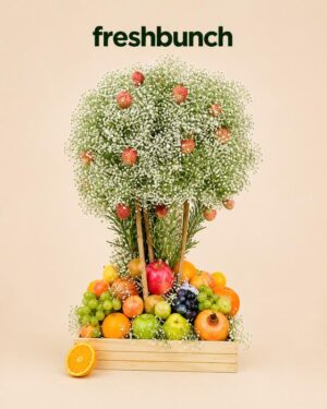 FreshBunch Strawberry Fantasy Hot Air Balloon Baby's Breath Floral & Premium Fruits Wooden Crate Hamper