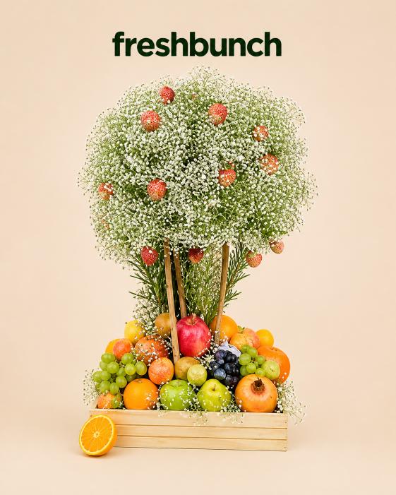 FreshBunch Strawberry Fantasy Hot Air Balloon Baby's Breath Floral & Premium Fruits Wooden Crate Hamper