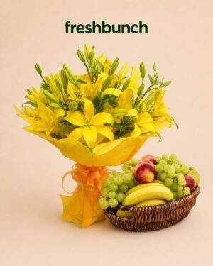 FreshBunch Sunshine Yellow Asiatic Lilies Bouquet & Fresh Fruits Basket Luxury Combo