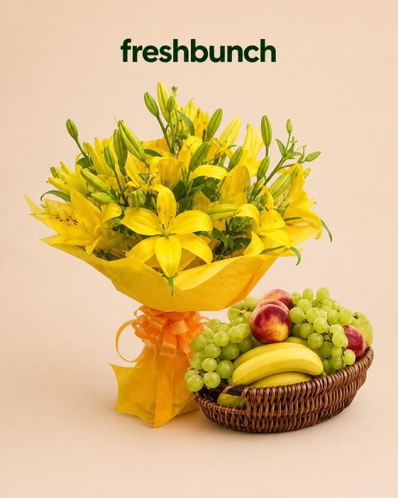 FreshBunch Sunshine Yellow Asiatic Lilies Bouquet & Fresh Fruits Basket Luxury Combo