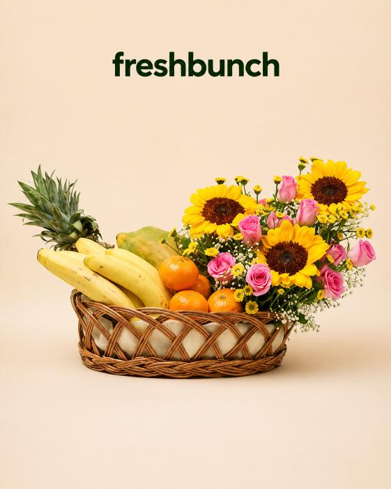 FreshBunch Summer Sunflowers, Pink Roses & Exotic Fruits Lattice Luxury Basket Hamper