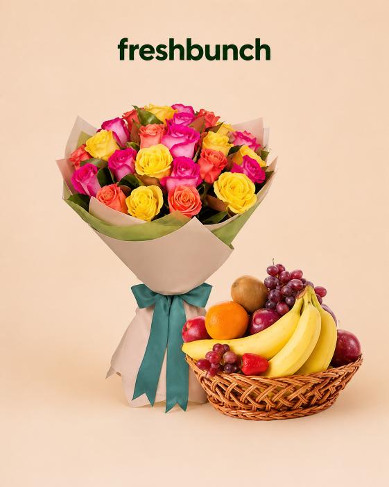 FreshBunch Fiesta Vibrant Mixed Roses Bouquet & Fresh Fruits Basket Celebration Combo