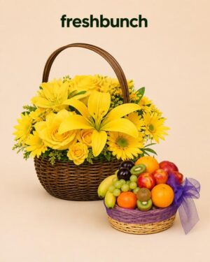 FreshBunch Sunshine Yellow Lilies & Roses Floral Basket with Vibrant Fruit Basket Luxury Twin Combo