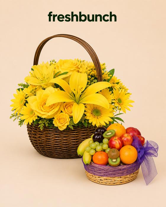 FreshBunch Sunshine Yellow Lilies & Roses Floral Basket with Vibrant Fruit Basket Luxury Twin Combo