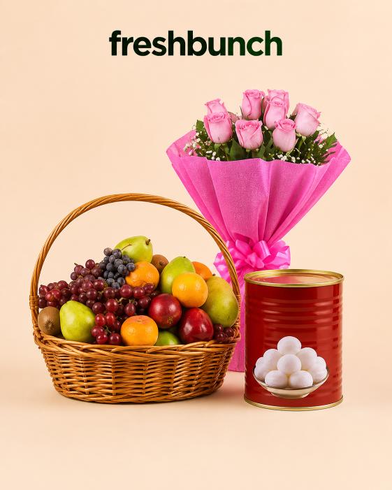 FreshBunch Royal Celebration Pink Roses Bouquet, Premium Fruits Basket & Traditional Sweets Tin 3-in-1 Mega Combo