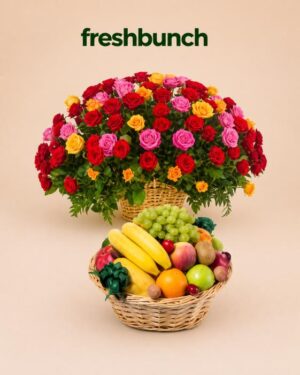 FreshBunch Grand Multi-Color Rose Dome Wicker Basket & Premium Exotic Fruit Harvest Luxury Split Combo