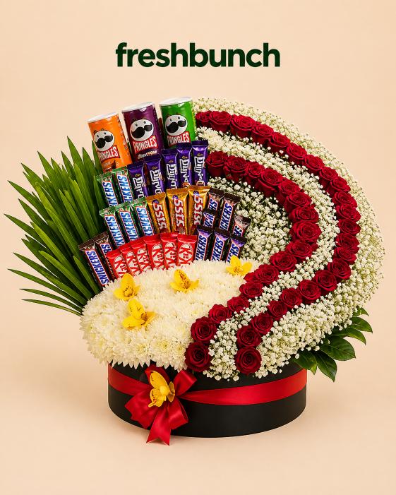 FreshBunch Grand Red Roses & White Blooms Luxury Hat Box Hamper with Premium Chocolates & Pringles Mega Fusion