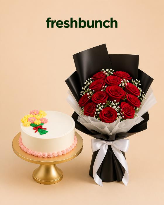 FreshBunch Classic Romance Velvet Red Roses Bouquet & Elegant Floral White Cream Celebration Cake Combo