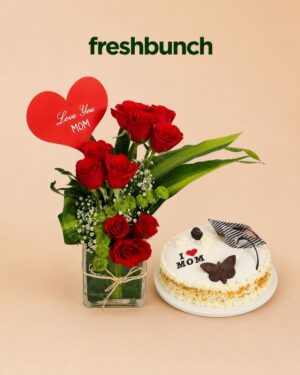 FreshBunch Love You Mom Premium Red Roses Glass Vase & Handcrafted Mother's Day Special Cake Combo