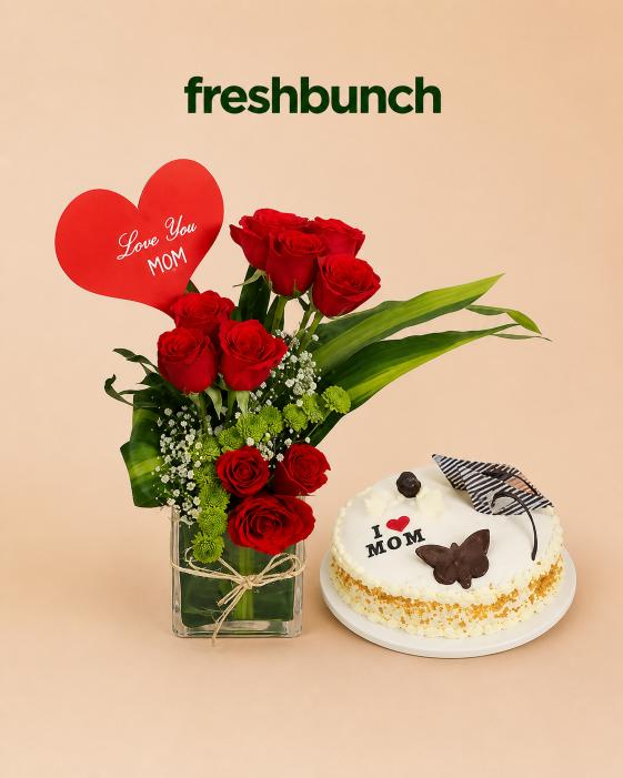 FreshBunch Love You Mom Premium Red Roses Glass Vase & Handcrafted Mother's Day Special Cake Combo