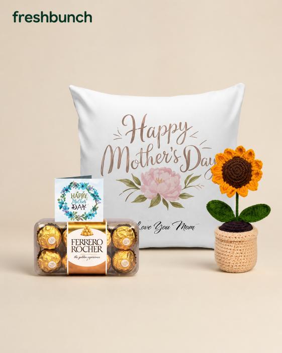 FreshBunch Best Mom Curated Gift Hamper - Printed Cushion, Ferrero Rocher & Handcrafted Mini Crochet Sunflower Pot Combo