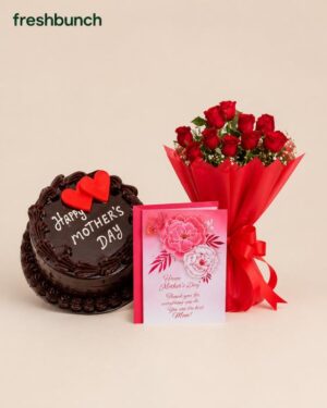 FreshBunch Absolute Queen Mother's Day Mega Combo - Half kg Rich Chocolate Truffle Cake, Premium Red Rose Bouquet & Greeting Card