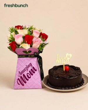 FreshBunch Amazing Mom Mixed Rose Violet Box Arrangement & Half kg Chocolate Truffle Cake Combo