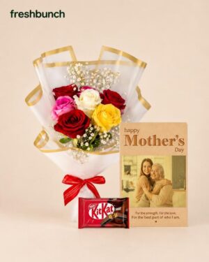 FreshBunch Mother's Day Harmony 3-in-1 Gift Combo - Premium Mixed Rose Bouquet, Kraft Greeting Card & Nestle KitKat