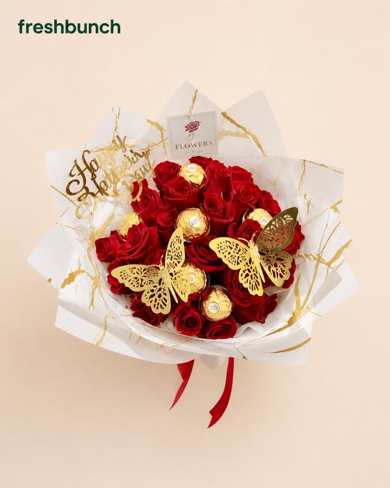 Luxury Royal Red Rose & Ferrero Rocher Birthday Bouquet with Gold Marble Wrap & 3D Butterflies