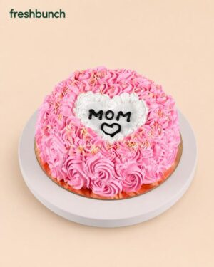 FreshBunch Mother’s Day Special Pink Rosette Black Forest Cake – Elegant Heart Center & Chocolate “MOM” Piping